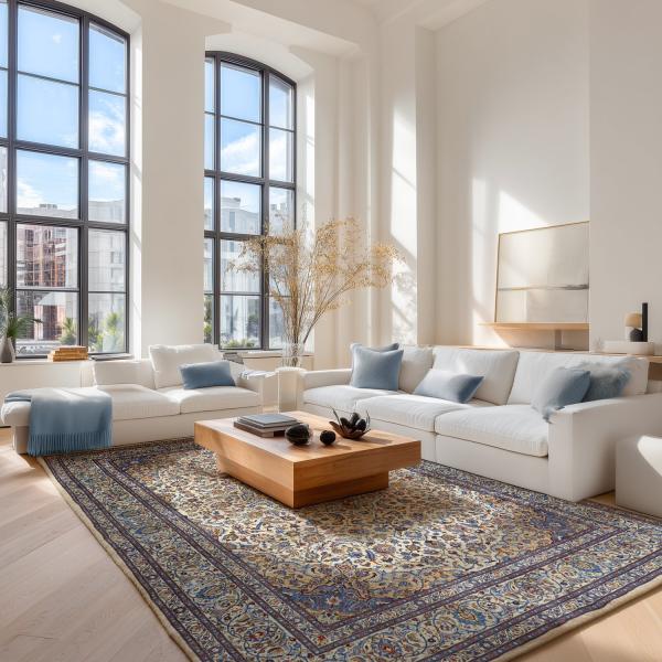 Hand-knotted Sarough Persian rug in a bright loft apartment